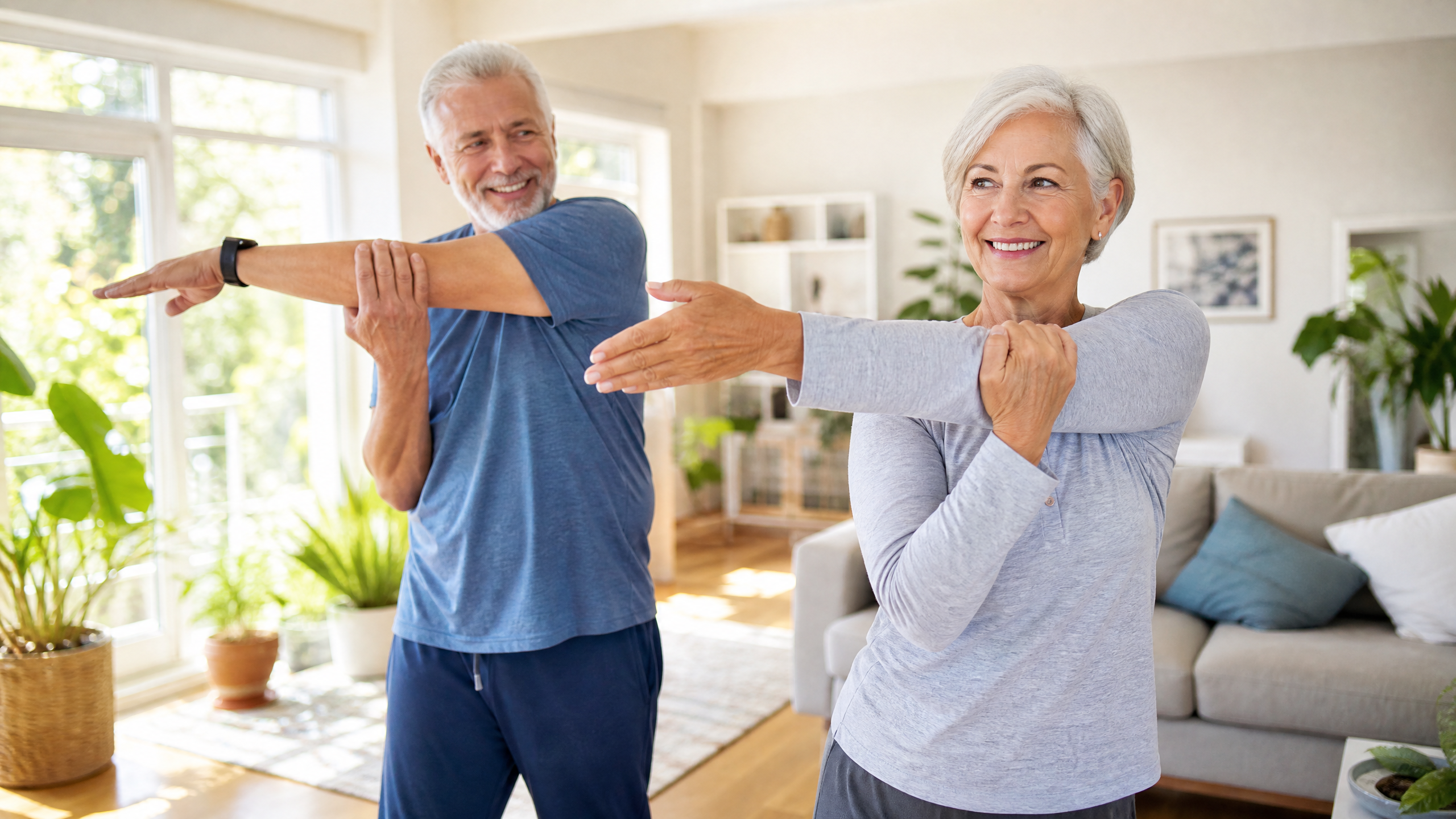 Senior couple doing stretching exercises together, demonstrating active healthy aging